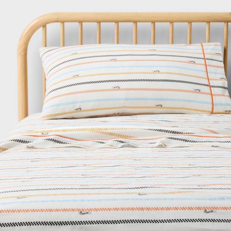 slide 1 of 4, Twin Hot Wheels Retro Checkered Stripe Kids' Cotton Sheet Set Cream - Hot Wheels by Pillowfort™, 1 ct