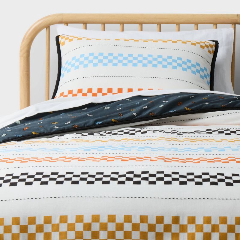 slide 1 of 5, Full/Queen Hot Wheels Retro Checkered Stripes Reversible Kids' Comforter Set - Hot Wheels by Pillowfort™, 1 ct