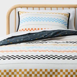 Full/Queen Hot Wheels Retro Checkered Stripes Reversible Kids' Comforter Set - Hot Wheels by Pillowfort™