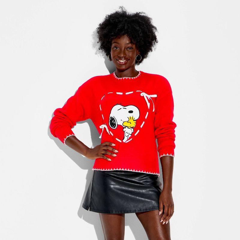 slide 3 of 3, 33 Degrees Women's Snoopy and Woodstock Heart Graphic Pullover Sweater - Cherry Red XL, 1 ct