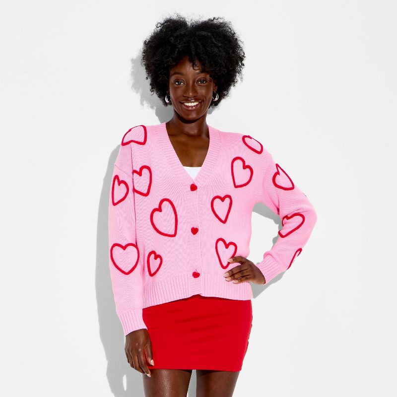 slide 2 of 3, 33 Degrees Women's Hearts Graphic Cardigan Sweater - Light Pink XS, 1 ct