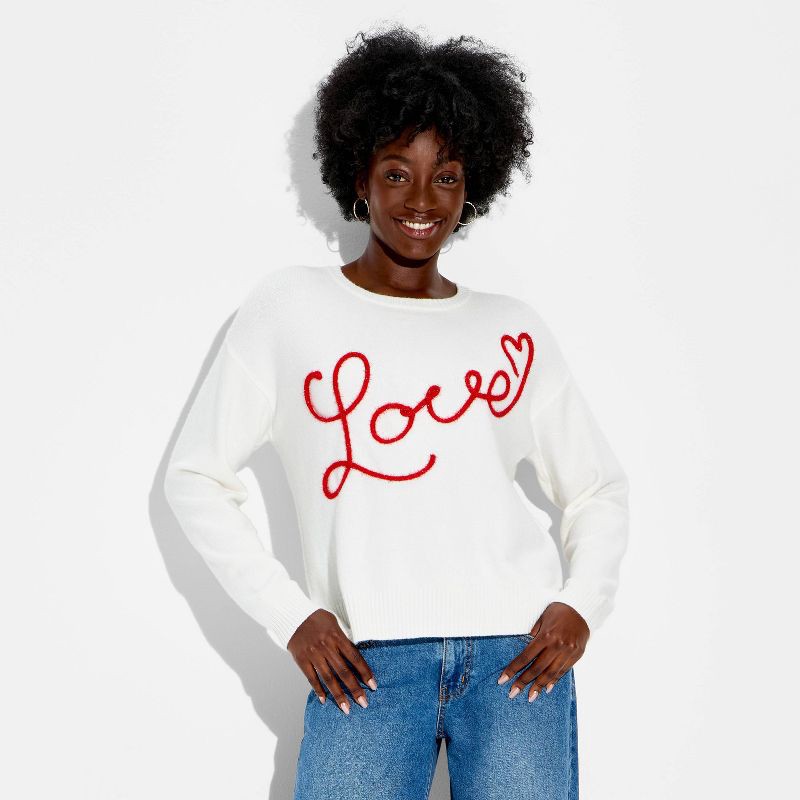 slide 2 of 3, 33 Degrees Women's Love Graphic Pullover Sweater - White S, 1 ct