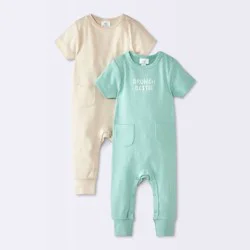 Baby 2pk Brunch Jacquard Short Sleeve Romper - Cloud Island™ Green/Tan 6-9M
