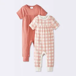 Baby Girls' 2pk Gingham Jacquard Short Sleeve Romper - Cloud Island™ Pink 0-3M