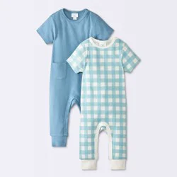 Baby Boys' 2pk Gingham Jacquard Short Sleeve Romper - Cloud Island™ Blue 12M