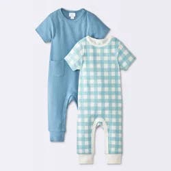 Baby Boys' 2pk Gingham Jacquard Short Sleeve Romper - Cloud Island™ Blue 12M