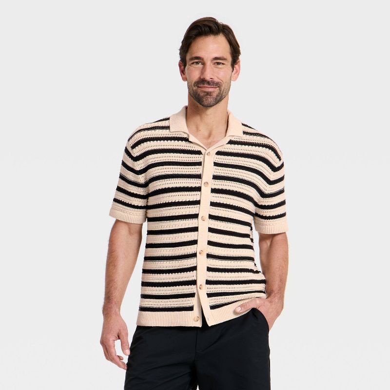 slide 1 of 3, Men's Short Sleeve Full-Button Polo Sweater - Goodfellow & Co™ Black Striped S, 1 ct