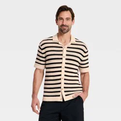 Men's Short Sleeve Full-Button Polo Sweater - Goodfellow & Co™ Black Striped S
