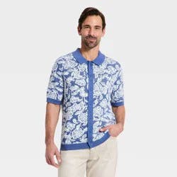 Men's Floral Print Short Sleeve Full-Button Polo Sweater - Goodfellow & Co™ Blue S