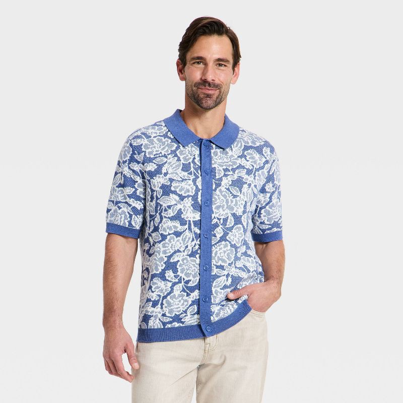 slide 1 of 3, Men's Floral Print Short Sleeve Full-Button Polo Sweater - Goodfellow & Co™ Blue XXL, 1 ct