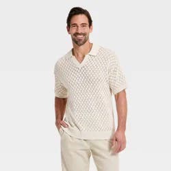 Men's Short Sleeve Open-Work Johnny Collar Polo Sweater - Goodfellow & Co™ Cream M