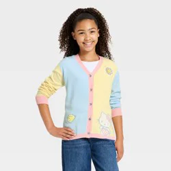 Sanrio Girls' Hello Kitty and Friends Color Blocked Button-Down Cardigan Sweater - Blue/Yellow/Pink L