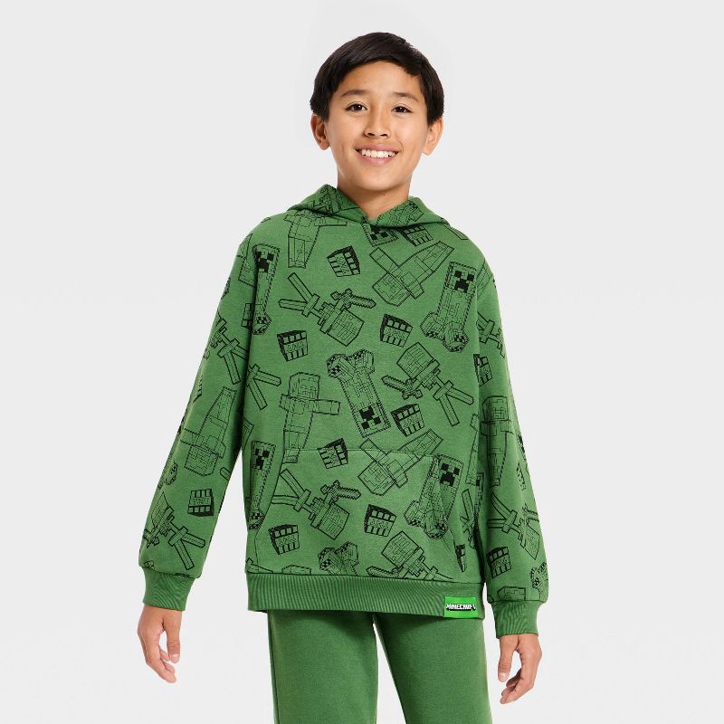 slide 1 of 4, Boys' Minecraft Creeper Front and Back Graphic Hooded Fleece Sweatshirt - Forest Green L, 1 ct