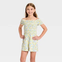 Girls' Off the Shoulder Citrus Floral Printed Romper - Cat & Jack™ Lemon Yellow L