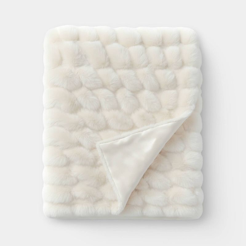 slide 1 of 5, Ruched Faux Rabbit Fur Throw Blanket Ivory - Threshold™, 1 ct