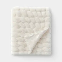 Ruched Faux Rabbit Fur Throw Blanket Ivory - Threshold™