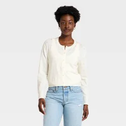 Women's Pointelle Button-Down Cardigan - A New Day™ Cream S