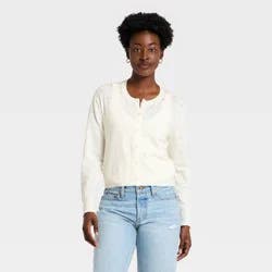 Women's Pointelle Button-Down Cardigan - A New Day™ Cream L