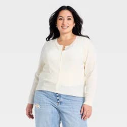 Women's Pointelle Button-Down Cardigan - A New Day™ Cream XXL