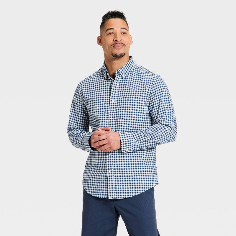 slide 1 of 3, Men's Every Wear Long Sleeve Oxford Button-Down Shirt - Goodfellow & Co™ Blue Gingham L, 1 ct