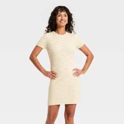 Women's Short Sleeve Rib Mini Sweater Dress - Universal Thread™ Oatmeal L