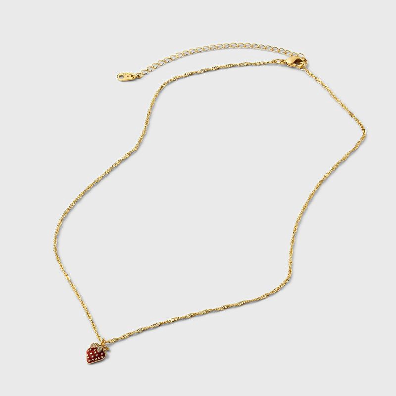 slide 3 of 5, 14K Gold Dipped Valentines Red Enamel Strawberry Pendant Necklace Extender - A New Day™, 1 ct