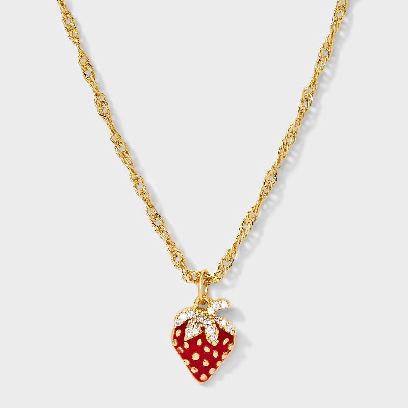 slide 2 of 5, 14K Gold Dipped Valentines Red Enamel Strawberry Pendant Necklace Extender - A New Day™, 1 ct