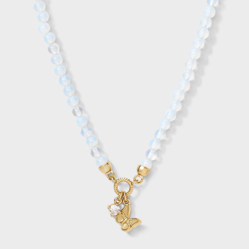 slide 1 of 4, Beloved + Inspired 14k Gold Dipped Opalite with Butterfly and CZ Charm Pendant Necklace Extender, 1 ct