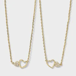 14k Gold Dipped Open and Pave Cubic Zirconia Heart Necklace Set 2pcs