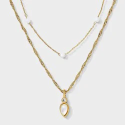 14k Gold Dipped Cubic Zirconia, Mother of Pearl and Simulated Stone Layered Necklace 1pc