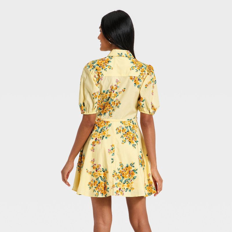 slide 2 of 3, Women's Puff Sleeve Mini Shirtdress - A New Day™ Yellow Floral M, 1 ct