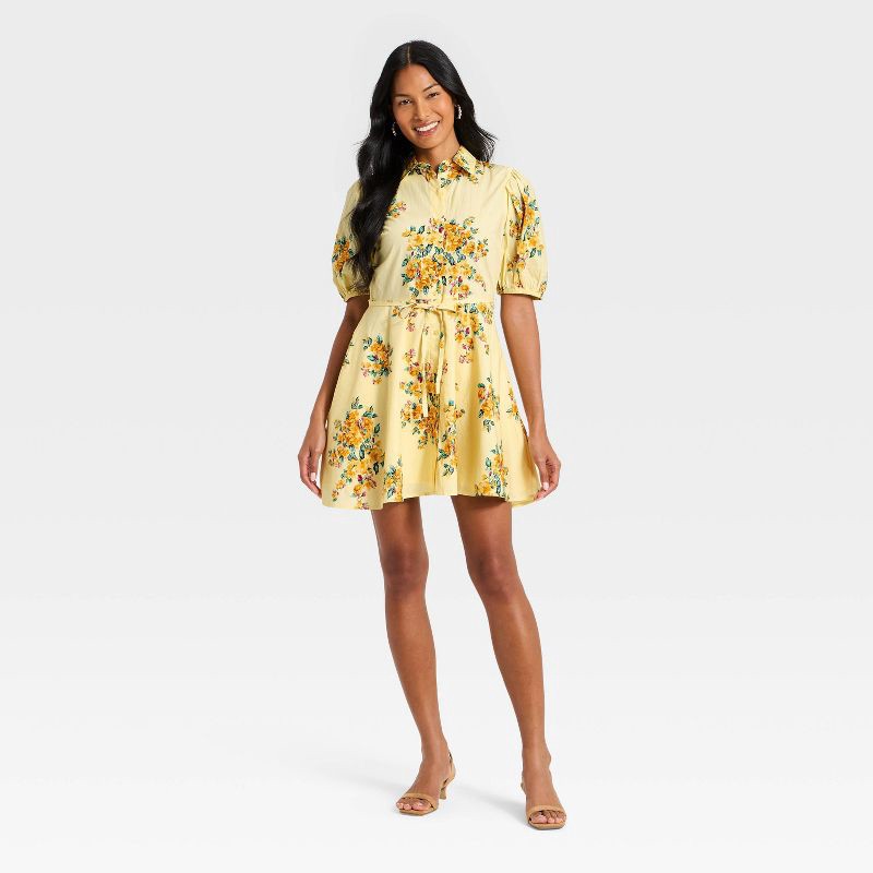 slide 3 of 3, Women's Puff Sleeve Mini Shirtdress - A New Day™ Yellow Floral M, 1 ct