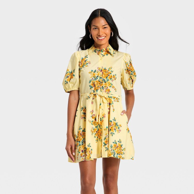 slide 1 of 3, Women's Puff Sleeve Mini Shirtdress - A New Day™ Yellow Floral M, 1 ct