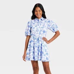 Women's Balloon Short Sleeve Mini Shirtdress - A New Day™ Blue/White Toile L