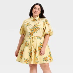 Women's Balloon Short Sleeve Mini Shirtdress - A New Day™ Yellow Floral XXL