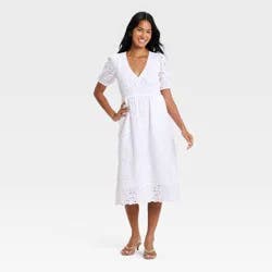 Women's Puff Elbow Sleeve Eyelet Midi Empire Waist Dress - A New Day™ White XL