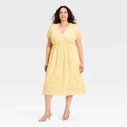 Women's Puff Elbow Sleeve Eyelet Midi Empire Waist Dress - A New Day™ Yellow XXL