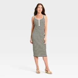 Women's Wide Strap Sleeveless Button-Front Midi Bodycon Dress - A New Day™ Cream/White Striped M
