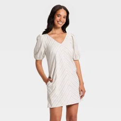 Women's Puff Sleeve Mini A-Line Dress - A New Day™ Cream Striped M