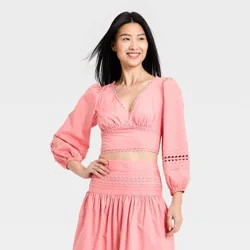 Women's Long Sleeve Eyelet Detail Top - A New Day™ Pink M