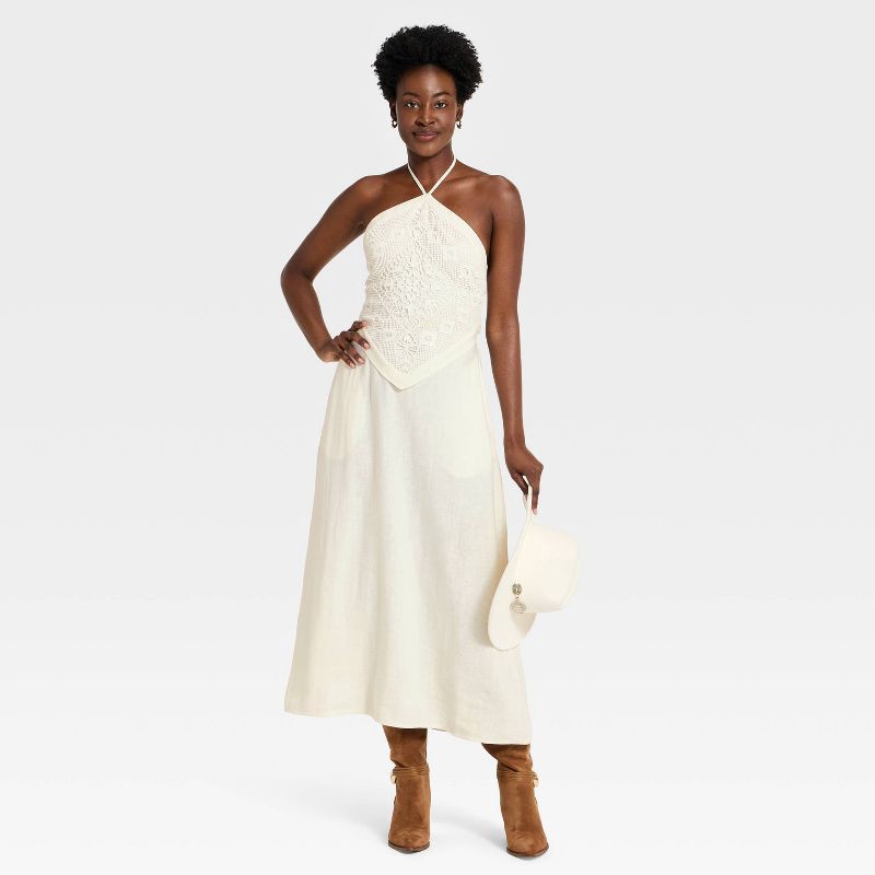 slide 3 of 3, Women's Embroidered Skater Dress - A New Day™ Cream S, 1 ct