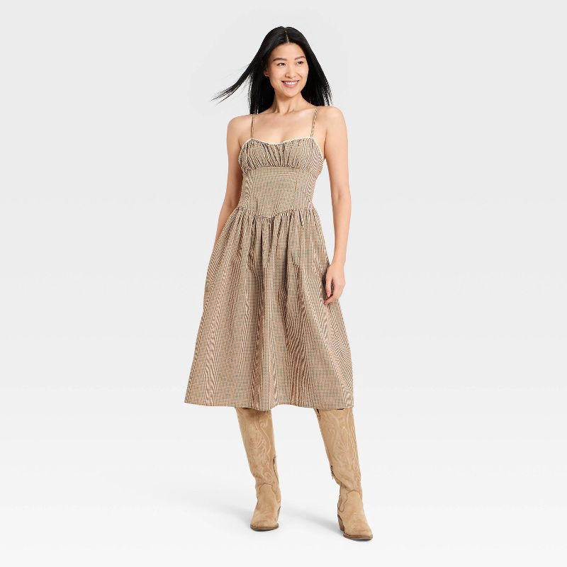 slide 1 of 3, Women's Corset Midi Dress - A New Day™ Brown Gingham M, 1 ct