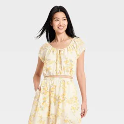 Women's Short Puff Sleeve Tie Top - A New Day™ White Floral L
