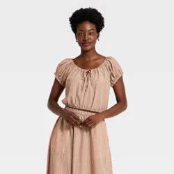 Women's Short Puff Sleeve Tie Top - A New Day™ Brown Gingham L
