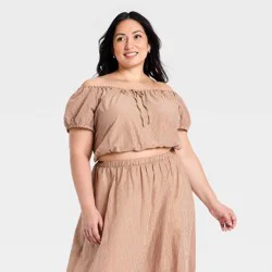 Women's Short Puff Sleeve Tie Top - A New Day™ Brown Gingham XXL