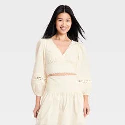 Women's Long Sleeve Eyelet Detail Top - A New Day™ Cream XL