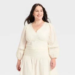 Women's Long Sleeve Eyelet Detail Top - A New Day™ Cream XXL