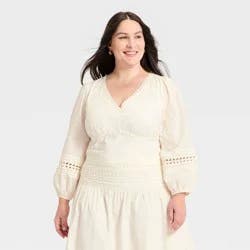Women's Long Sleeve Eyelet Detail Top - A New Day™ Cream XXL