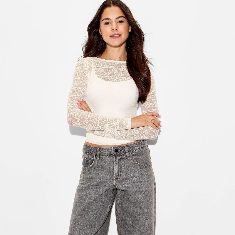 slide 1 of 4, Women's Long Sleeve Open Back Lace Blouse - Wild Fable™ Cream M, 1 ct