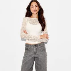 Women's Long Sleeve Open Back Lace Blouse - Wild Fable™ Cream XL